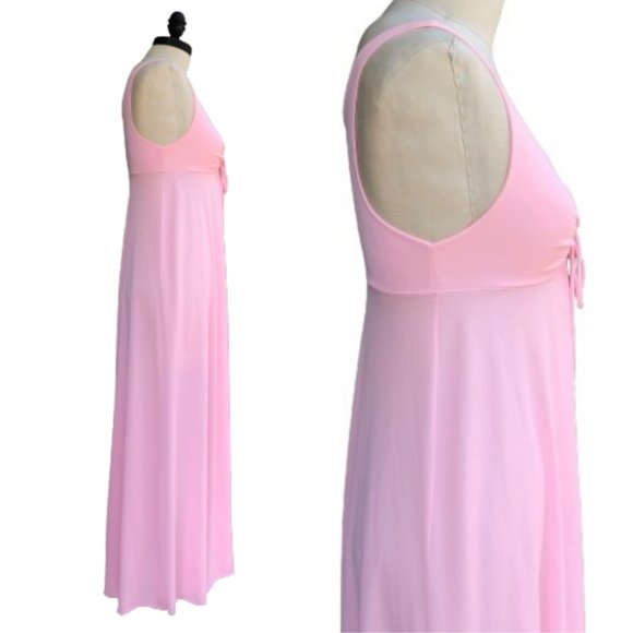 Vintage 70s Key Hole Tie Front Empire Waist Barbiecore Pink Maxi Nightgown Dress - Picture 6 of 15